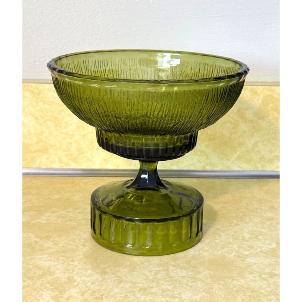 Retro Avocado Green Glass Compote/Centerpiece/Pedestal Trinket Bowl